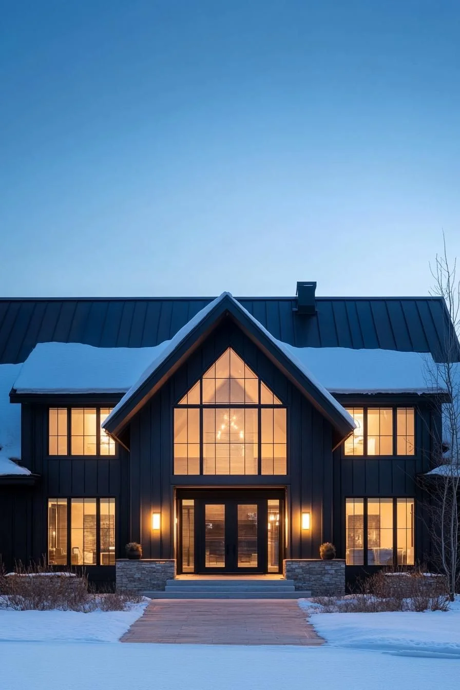 A Warm Farmhouse Facade in Winter Frost
