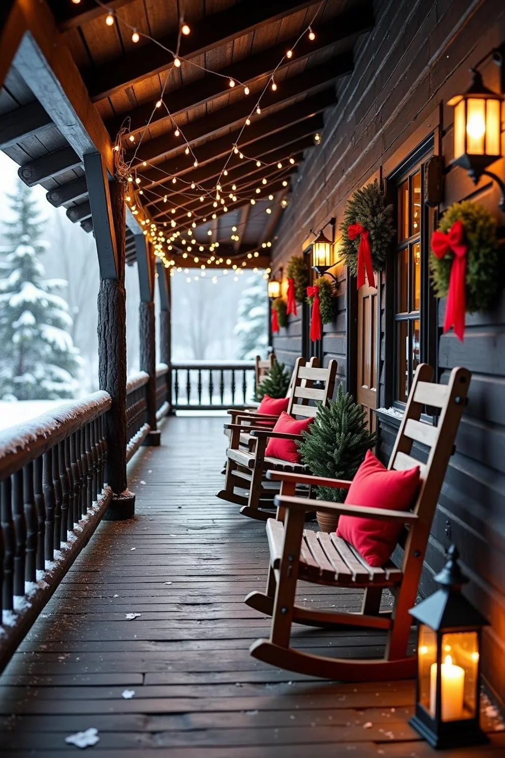 A Timber Terrace Strung with Lights