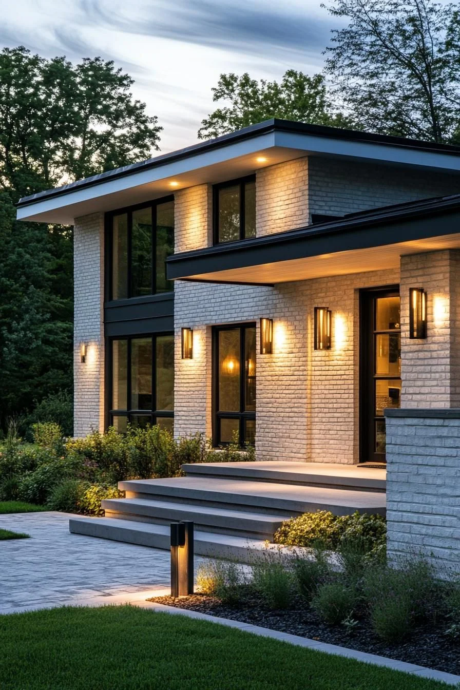 Sleek Lighting on a Modern White Brick House