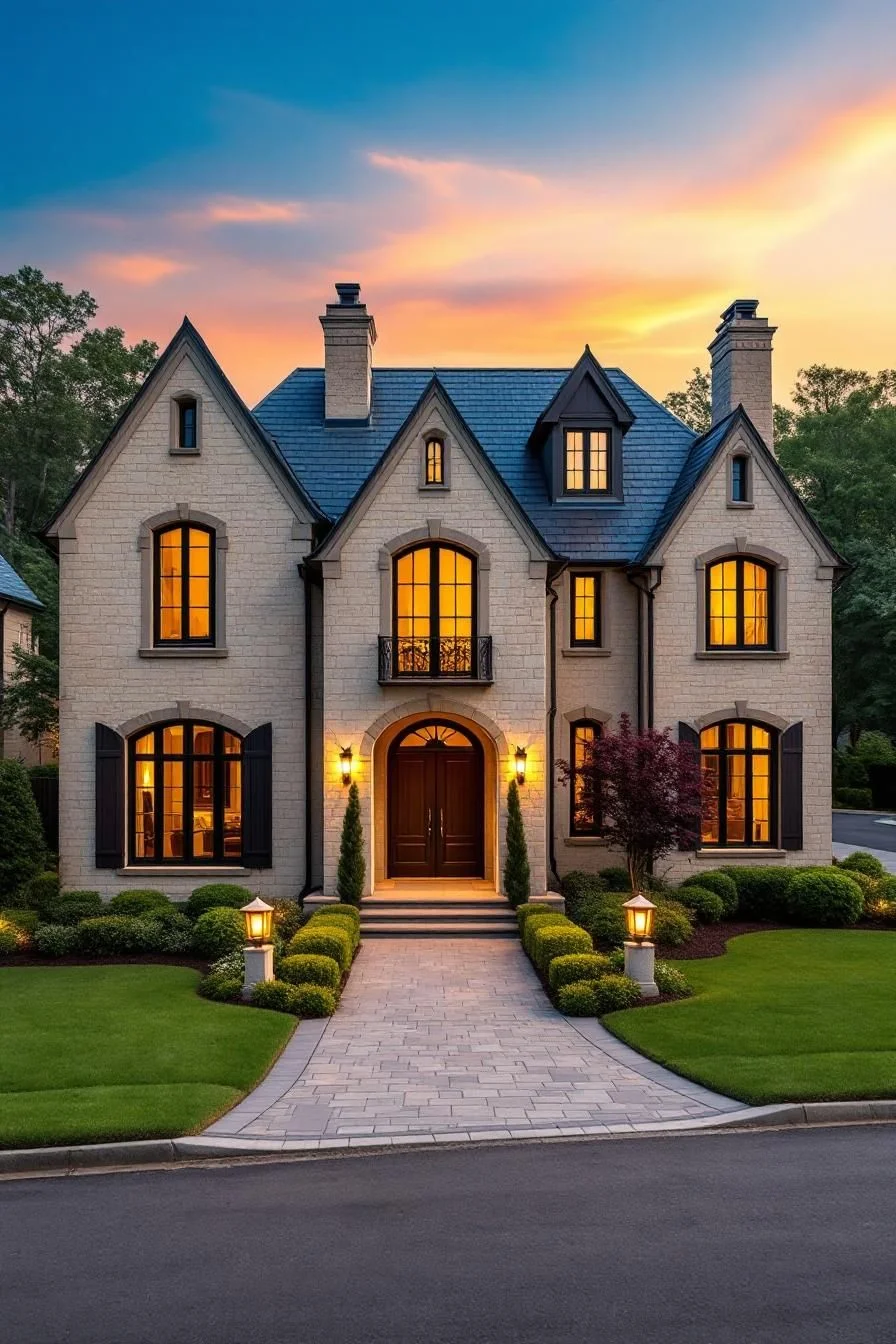 French Home Lit Up at Sunset