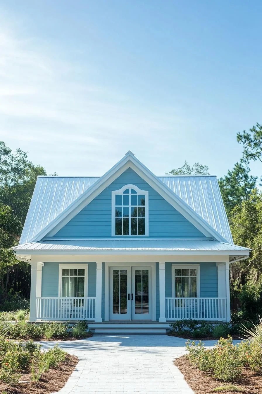 A Blue Coastal House Under Clear Skies