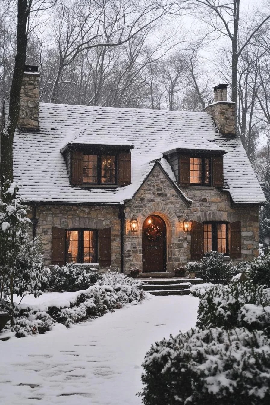 A Snowy Stone Nook Lit by Flickering Lights