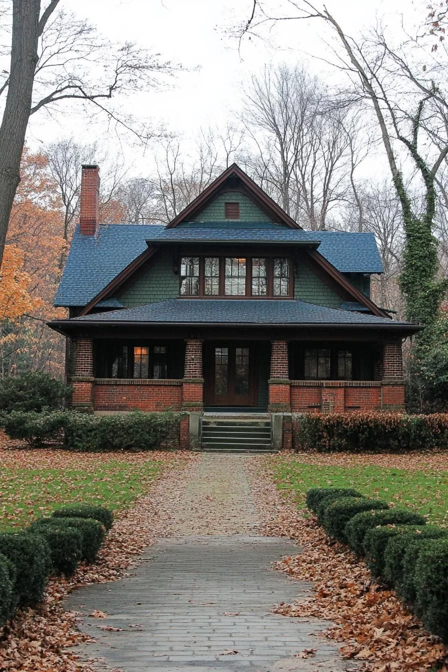 A Brick Farmhouse Set Against Evergreen Trees