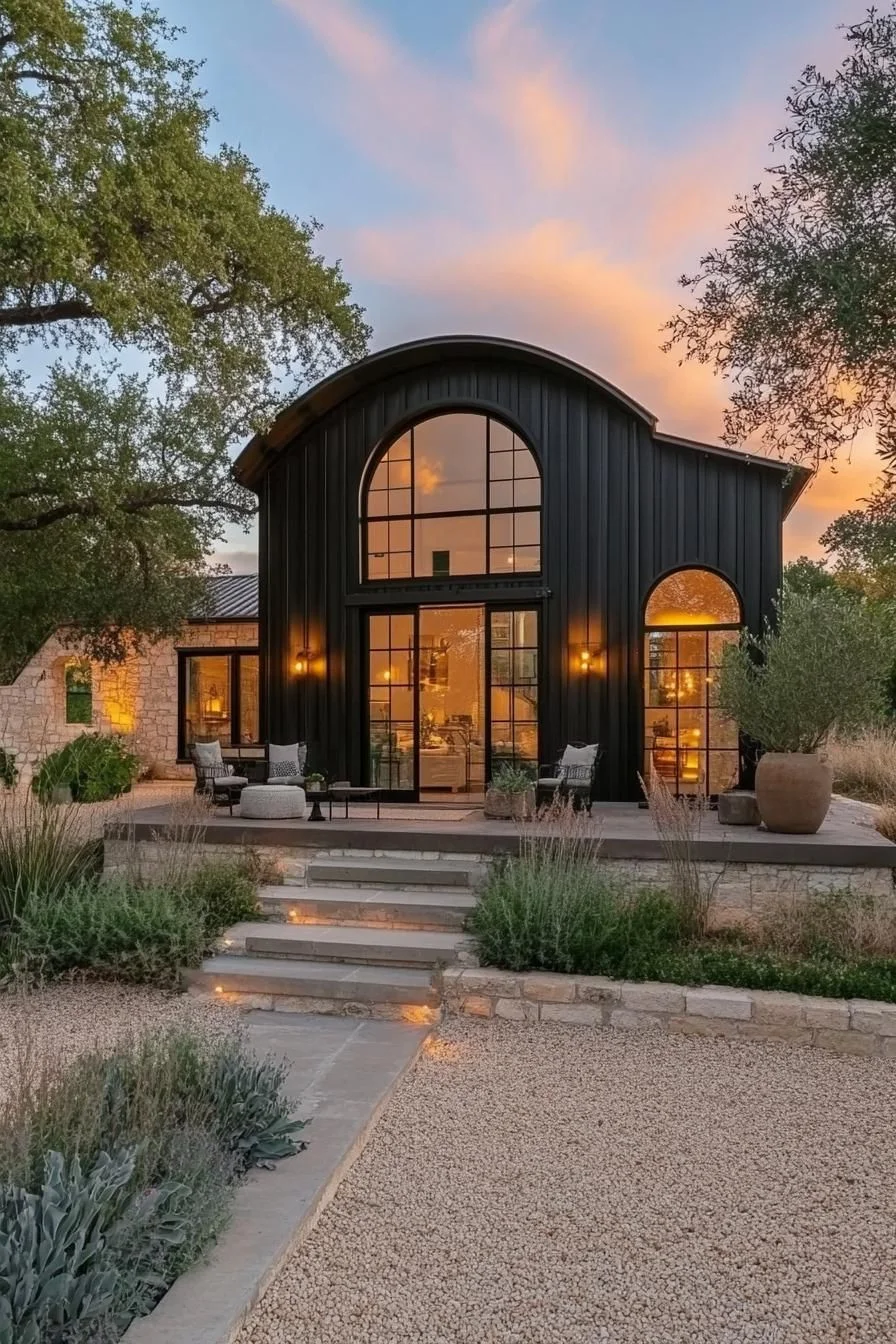 A Metal Home With Curved Rooflines
