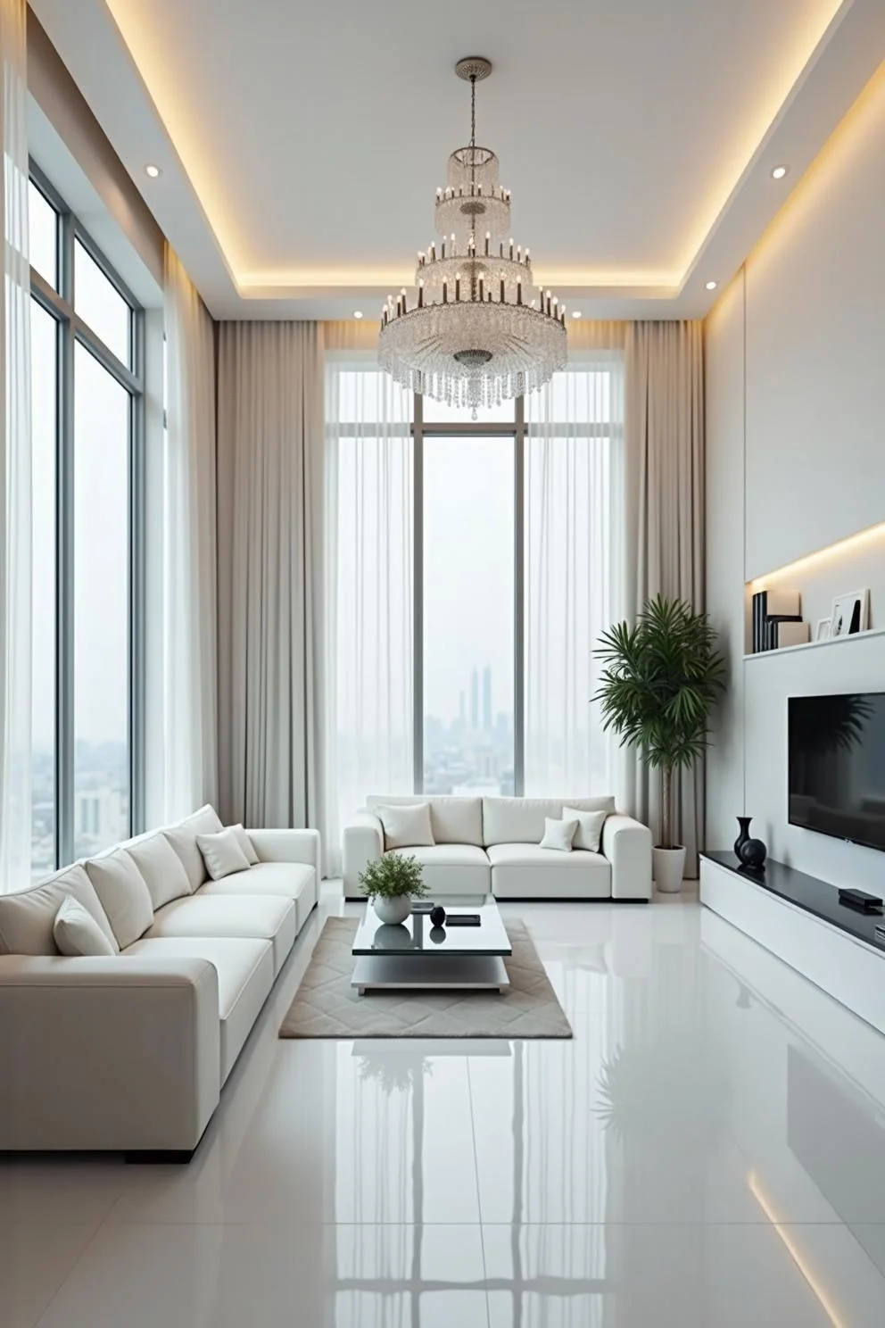 Cozy Lounge Beneath a Statement Chandelier