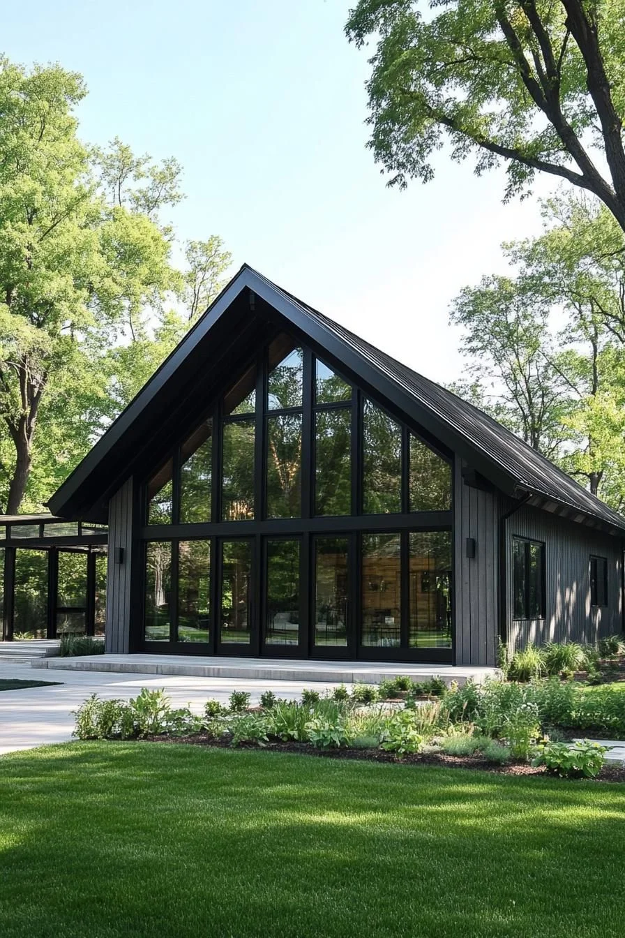 Sharp, angular lines and a tall A-frame define this barn house's Nordic-leaning design. Expansive glass walls open the interior to the surrounding trees, making the greenery outside feel like part of the living space.