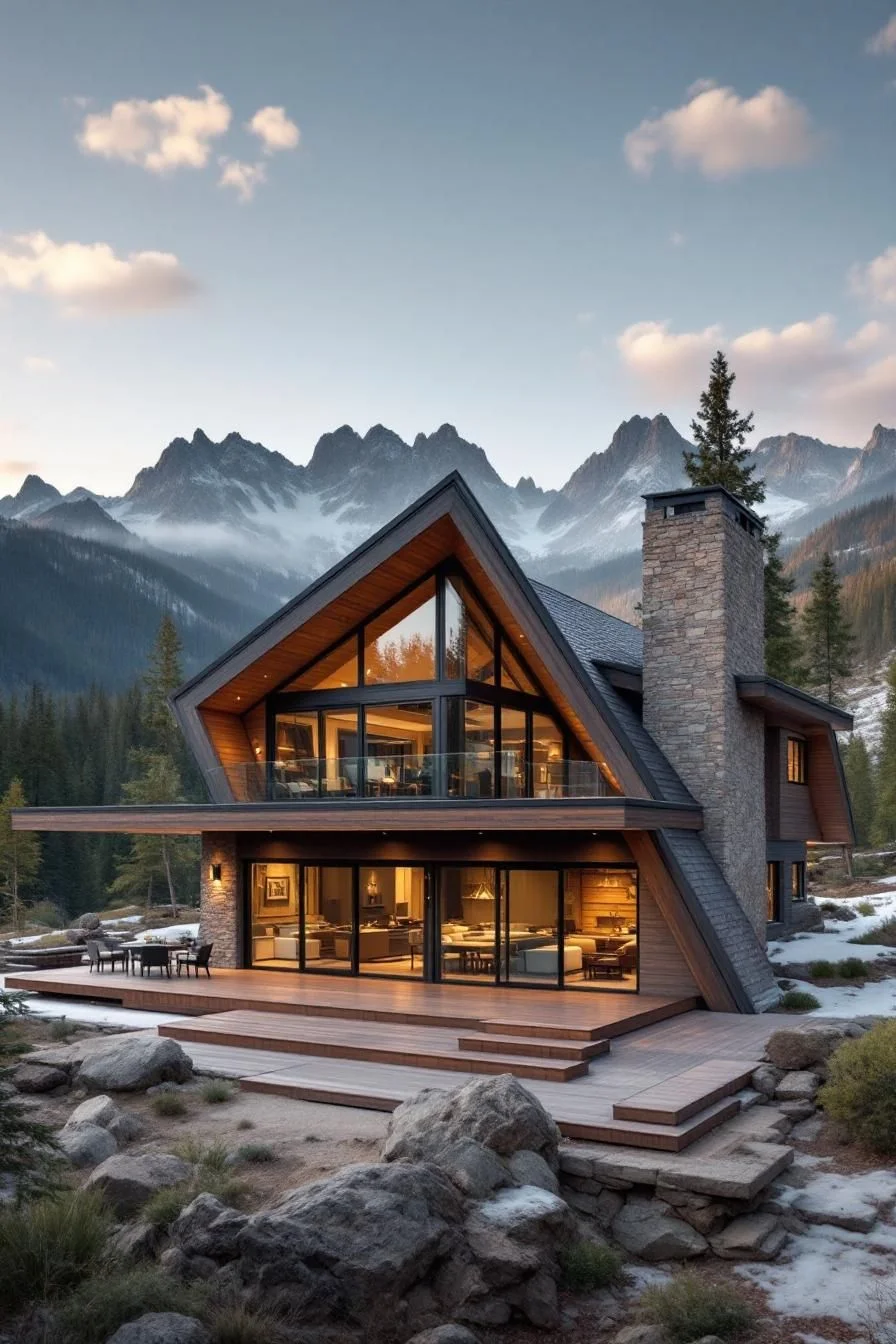 Angular Alpine Cabin with a Fireplace