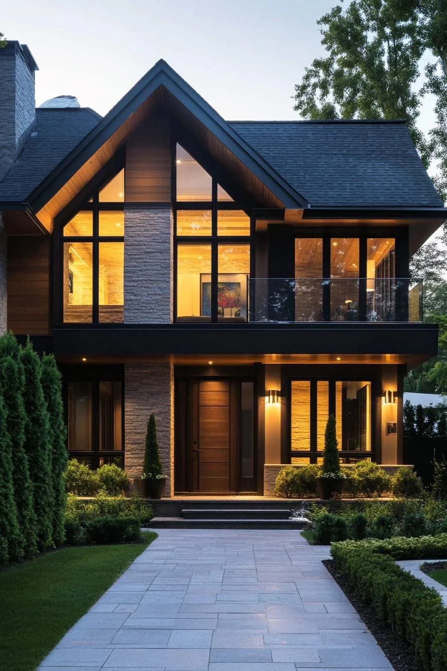 A Gabled Home Glowing at Night