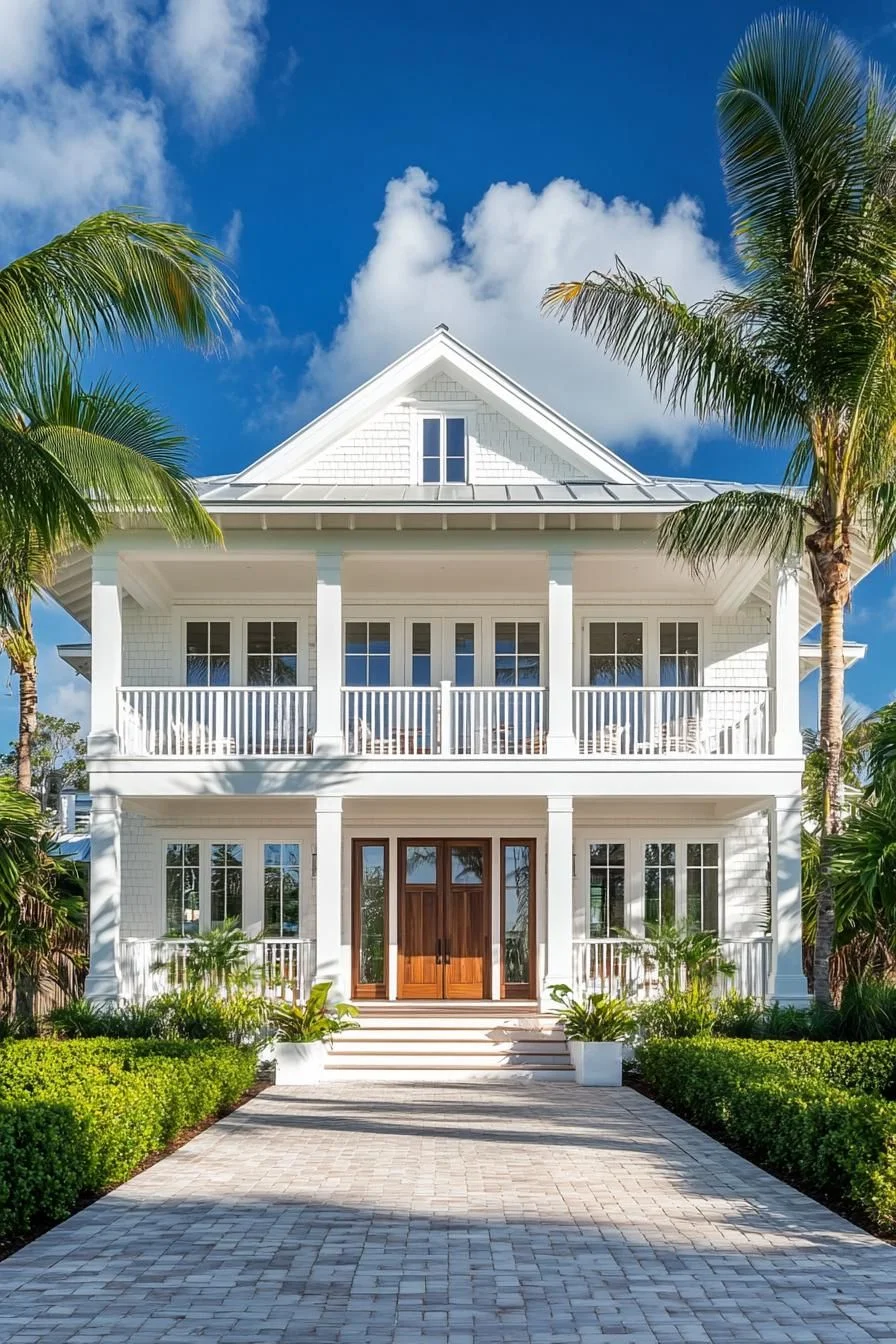 A Palm-Framed Coastal House with a Porch