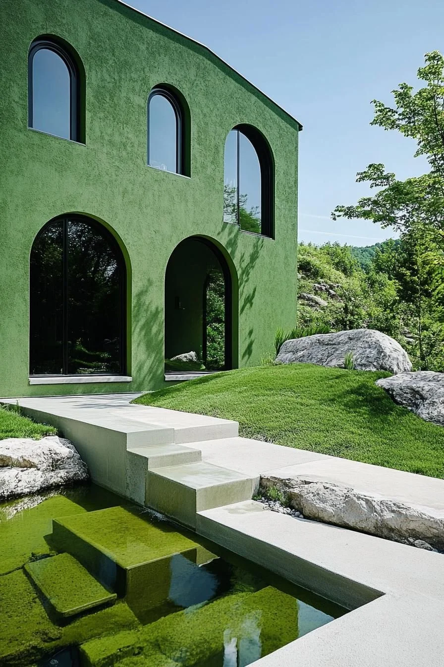 Arched Windows on a Green Facade Home