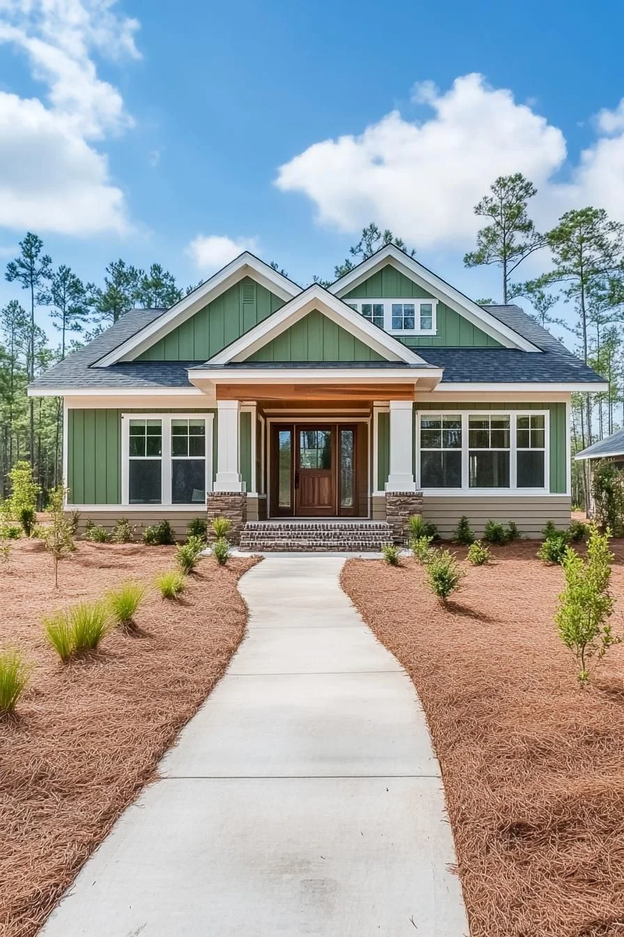 A Green-Gabled Farmhouse with a Pine-Lined Path