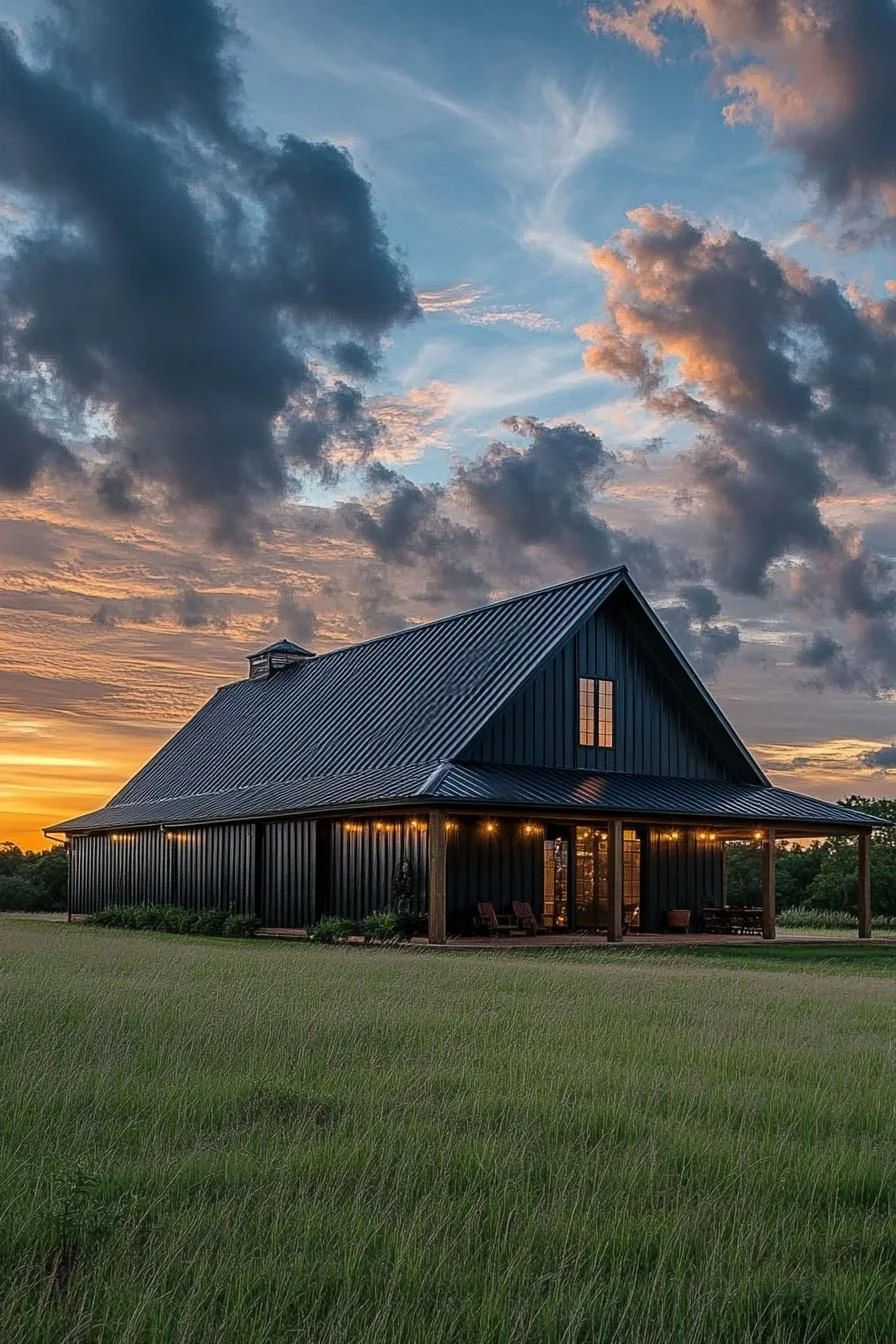 Barndominium Glowing at Sunset
