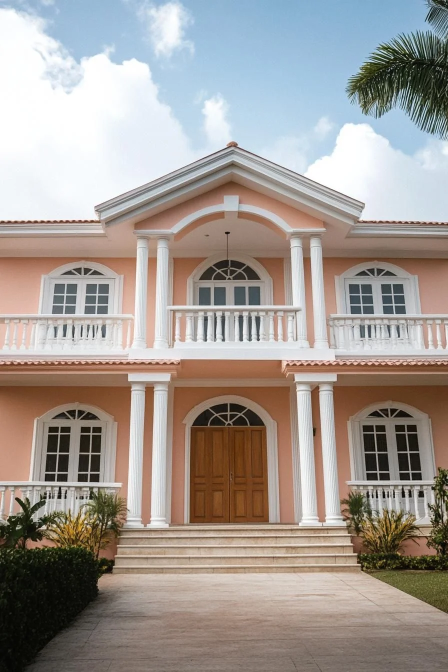 A Coral-Colored Colonial Home With Arches