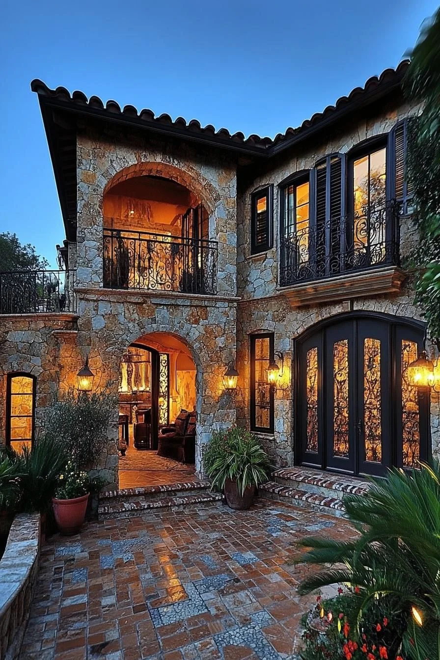Spanish Revival House Glowing at Dusk