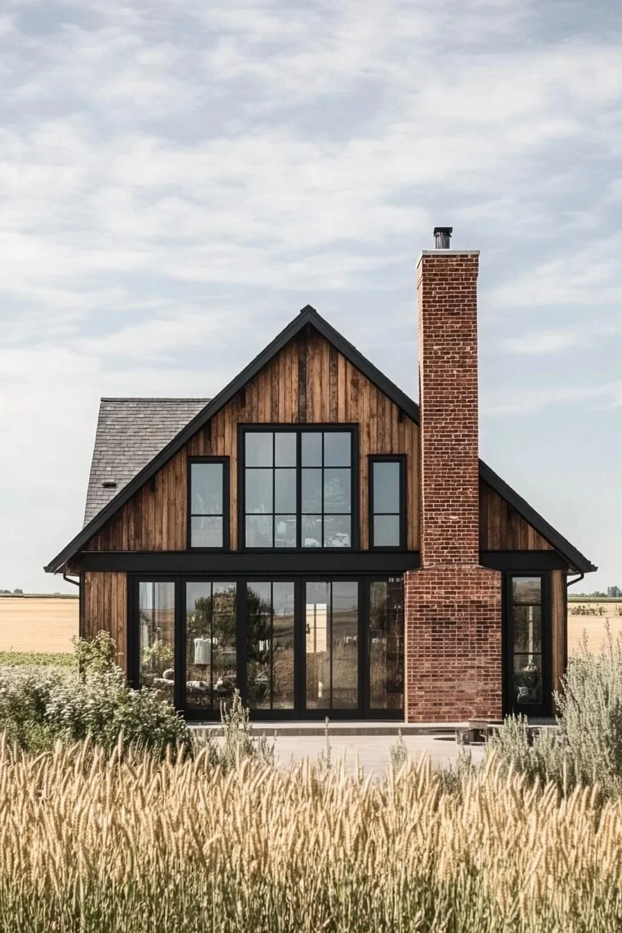 A Farmhouse with Timber Siding and a Brick Chimney