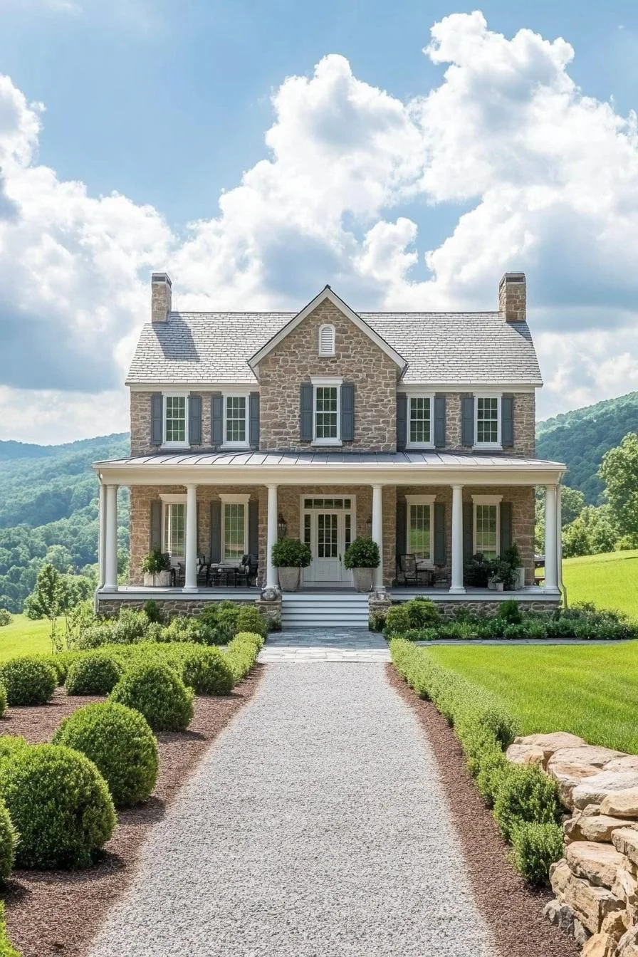 Stone Fortress Lined with Trimmed Hedges