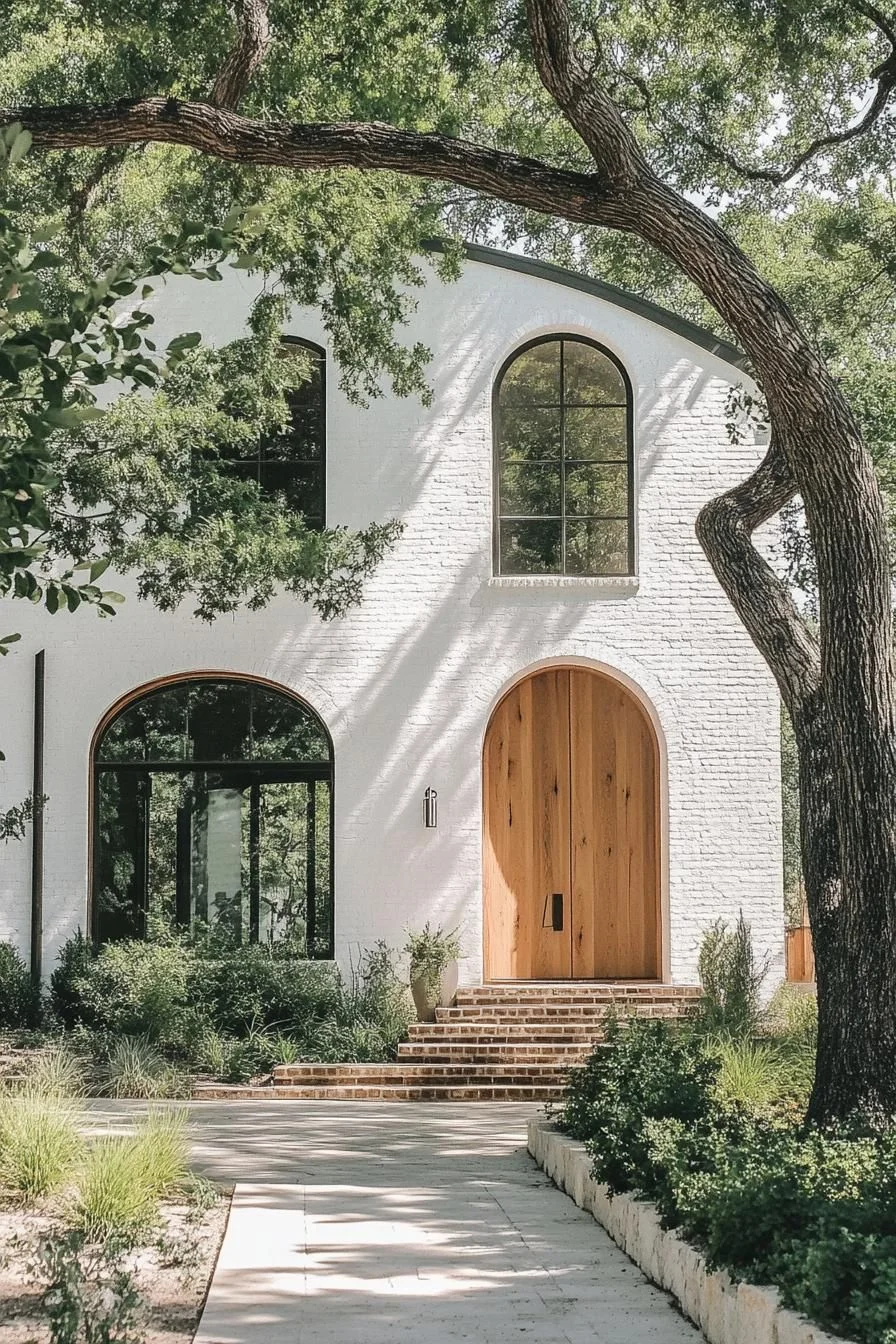 Whitewashed Cottage With Arched Windows and a Wooden Door