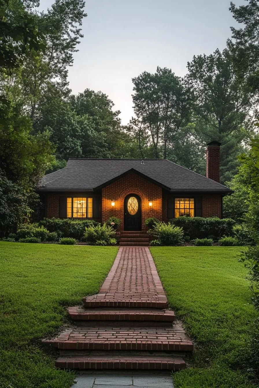 A Red Brick Ranch Lit by Lanterns