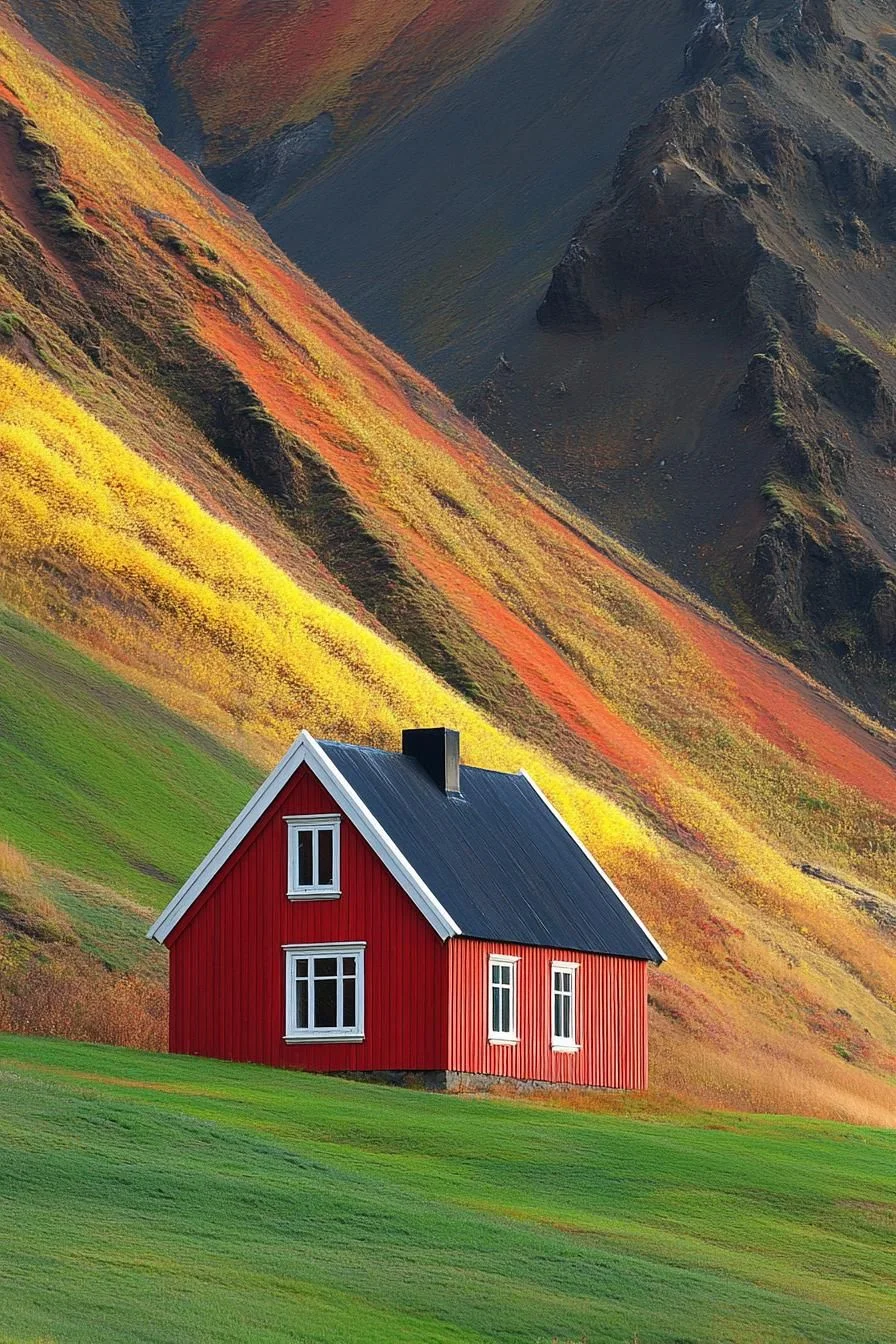 A Red Cabin on a Colorful Slope