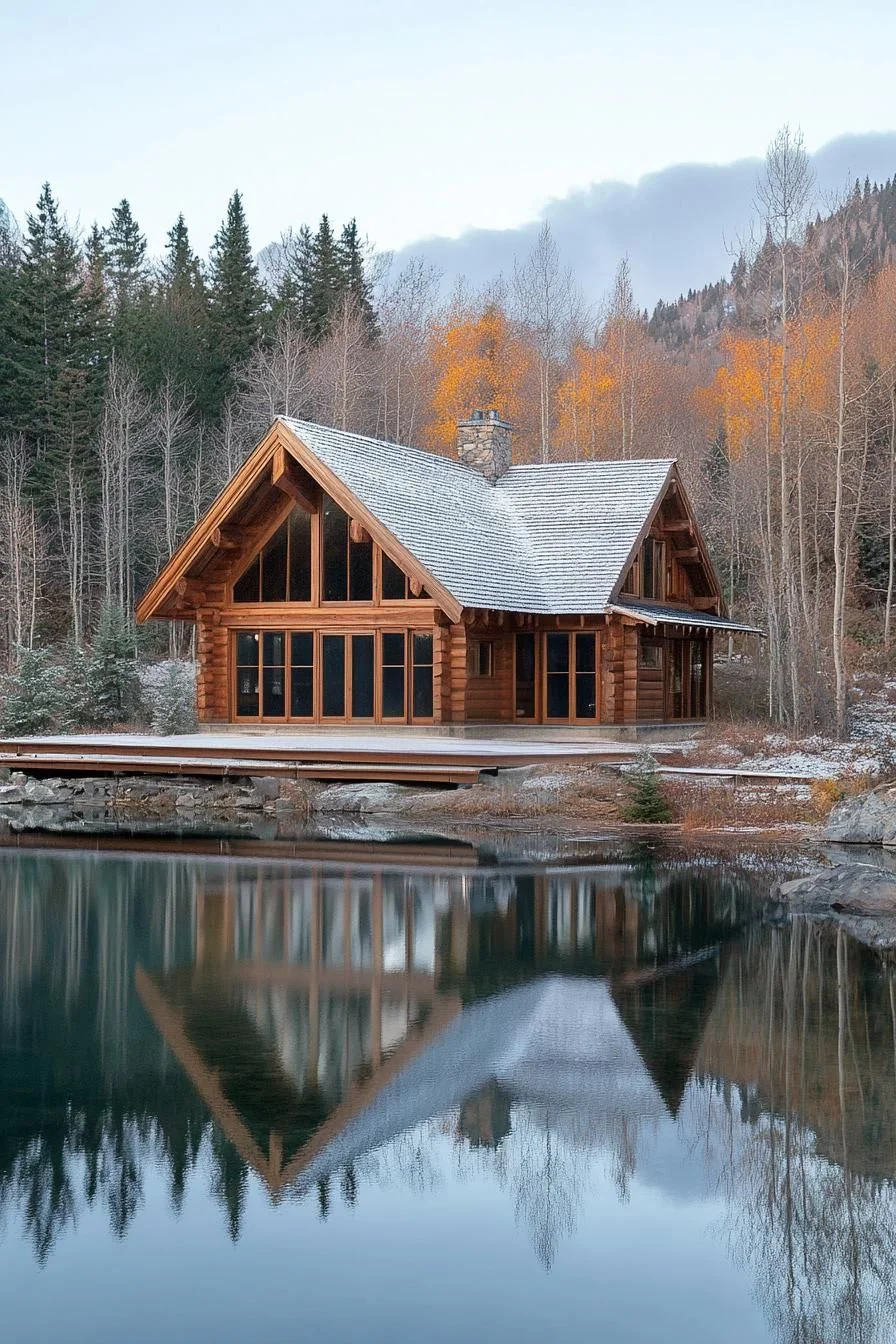 Lakeside Log Cabin Dusted With Snow