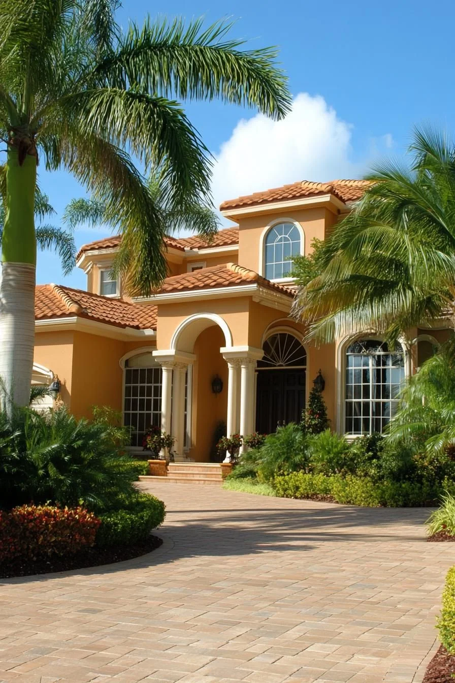 A Villa with Golden Arches and Palm Trees