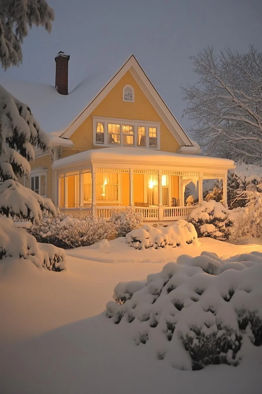 Storybook Yellow House in the Snow