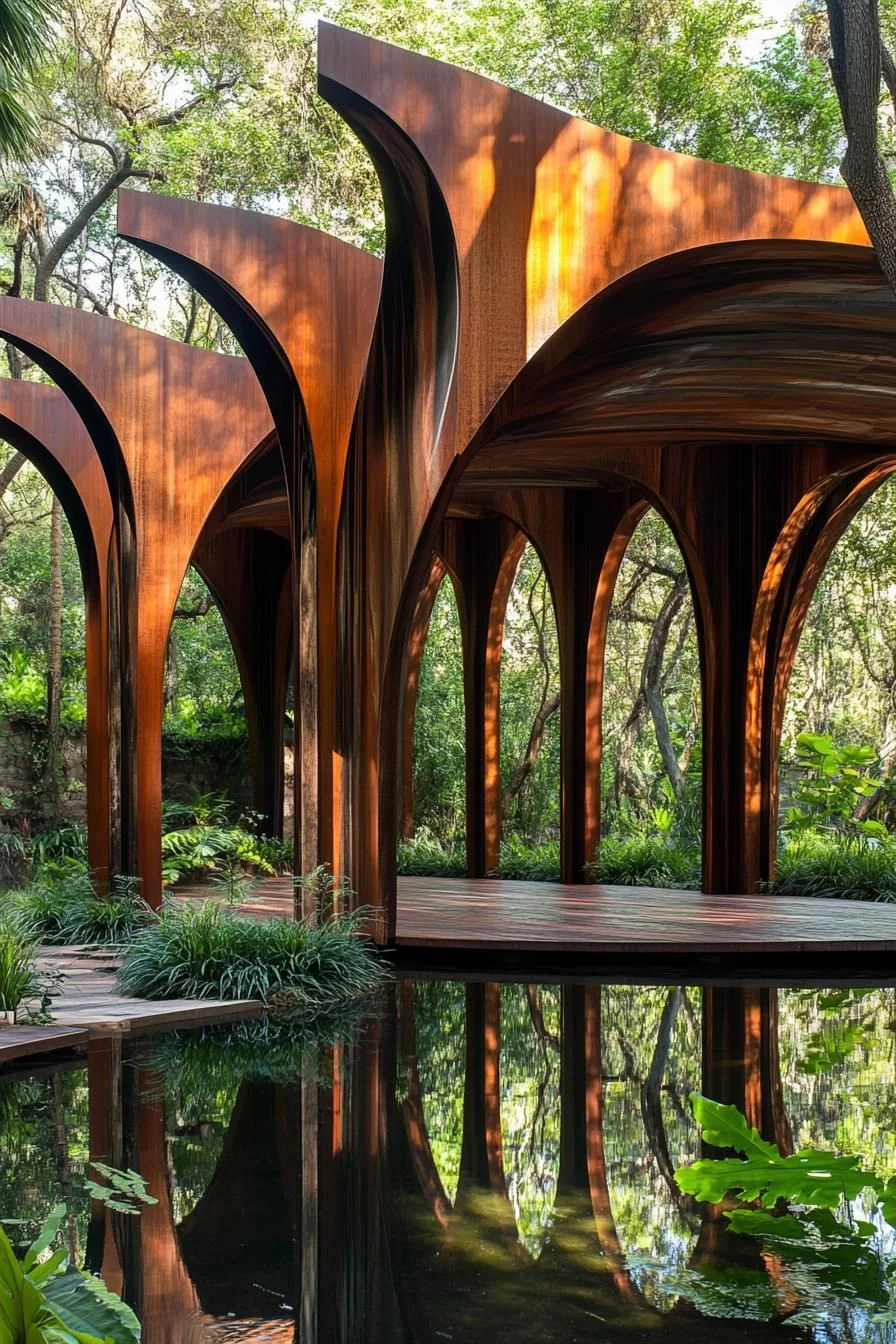Curved Wooden Arches in the Woods