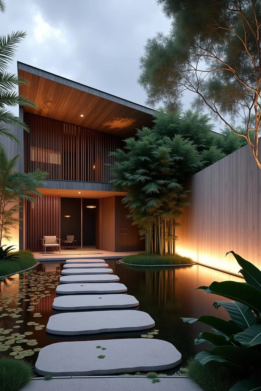 A Peaceful Concrete Home by Water Lilies