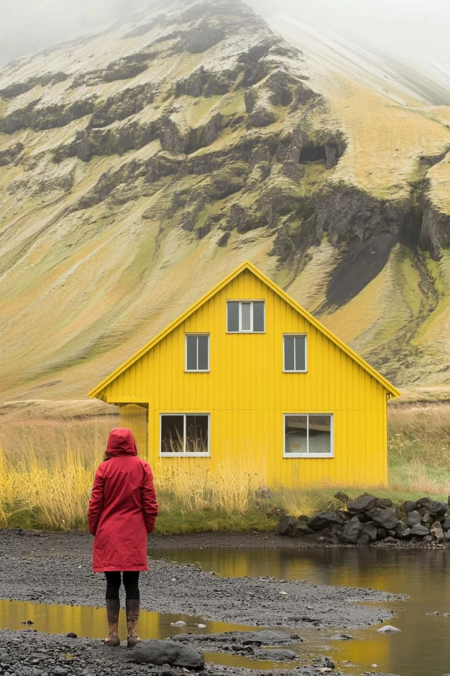 A Yellow Metal Home Below Misty Peaks
