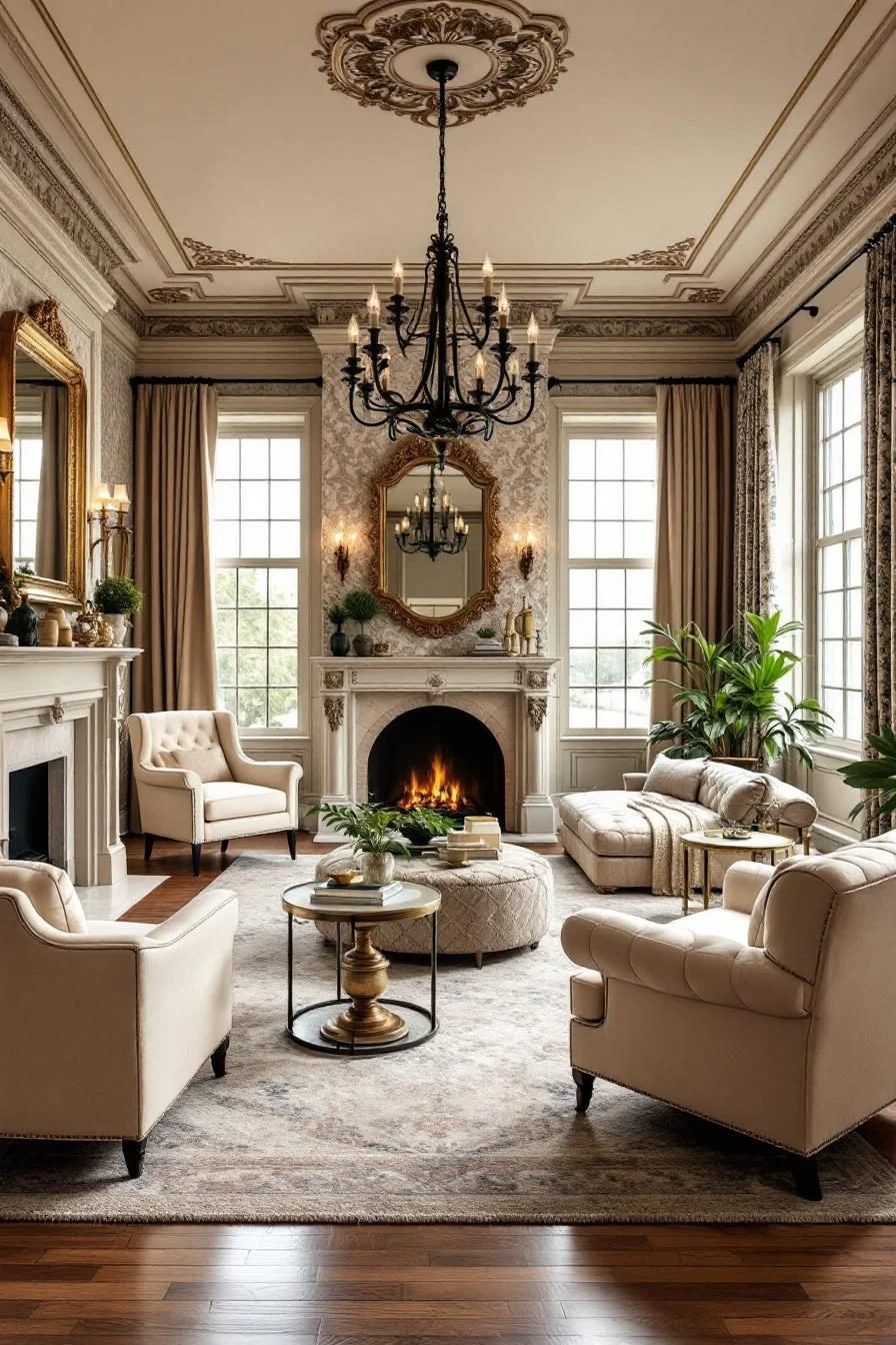 Fireside Reading Under a Chandelier