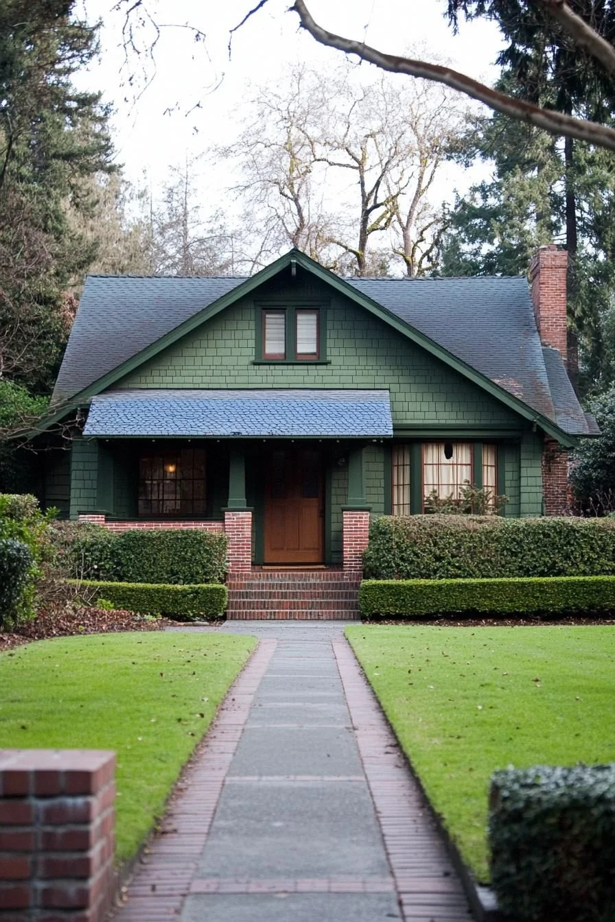 A Green-Framed Farmhouse with a Brick Walkway