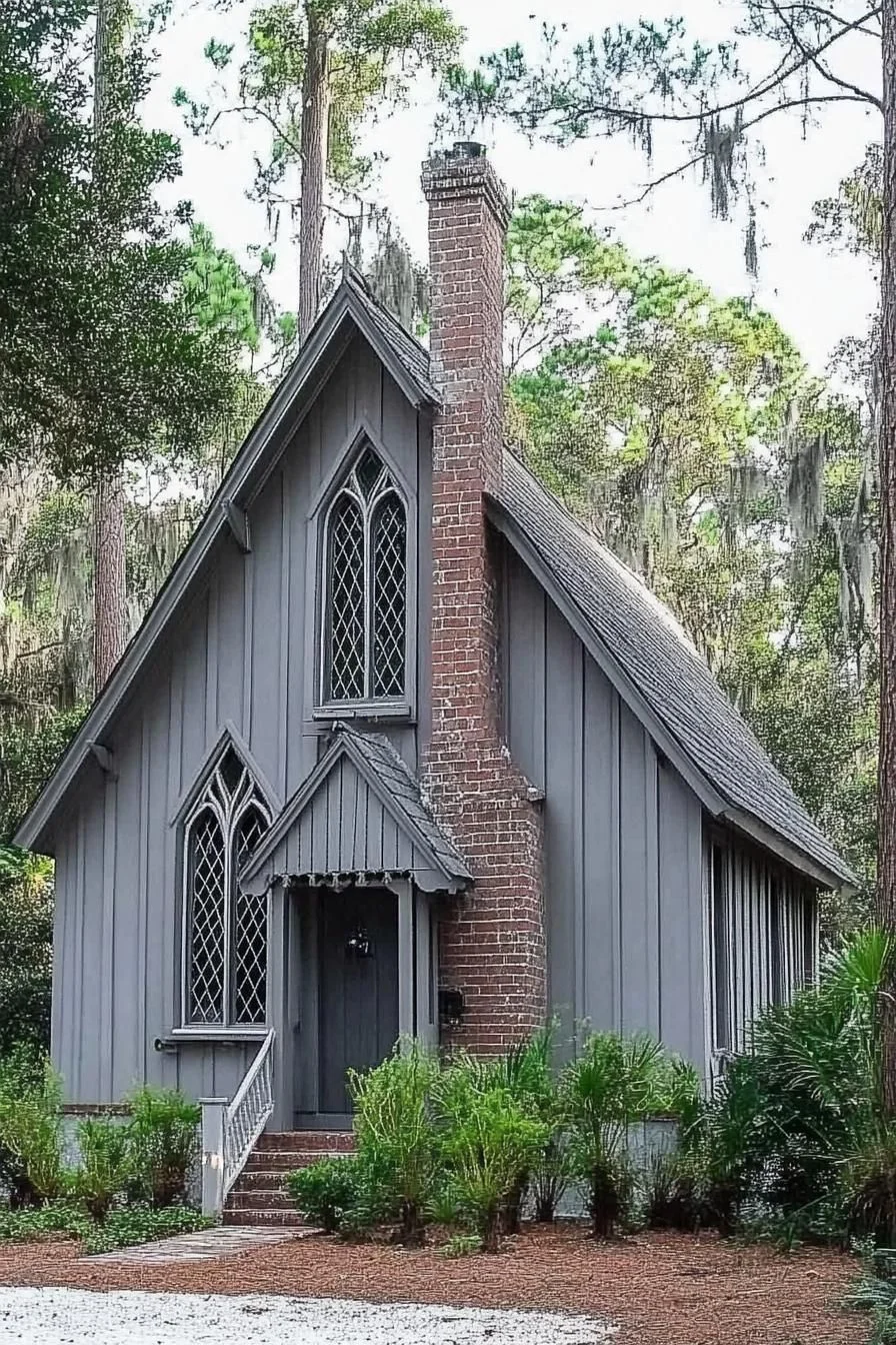 Gothic Charm Framed by Tall Pines