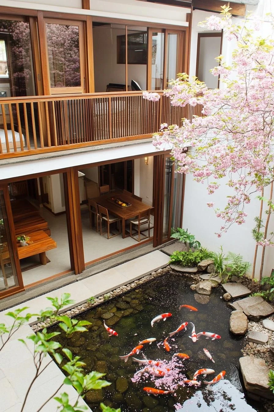Cherry Blossoms Beside a Koi Pond
