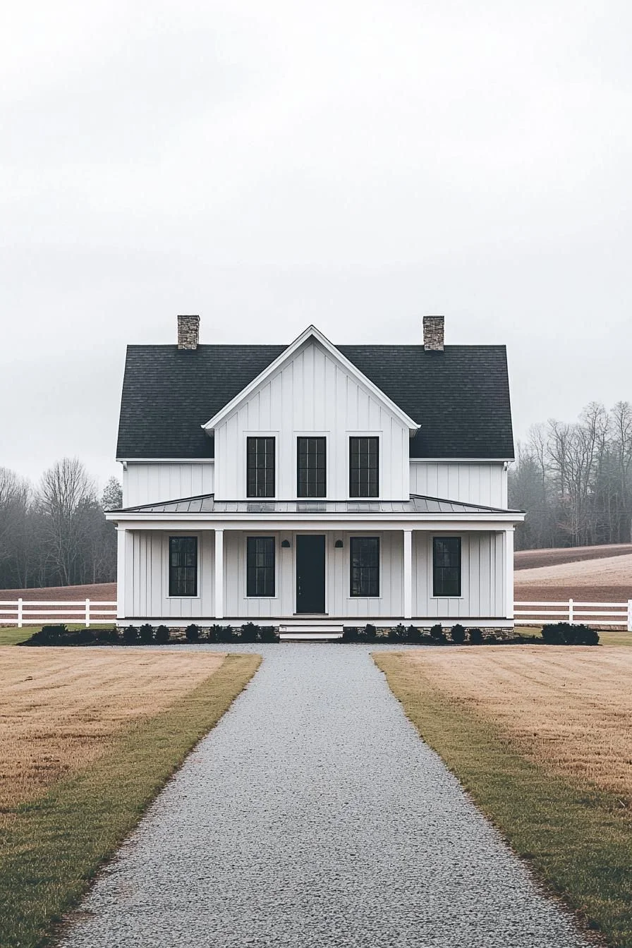 A White Gabled Home on Open Fields