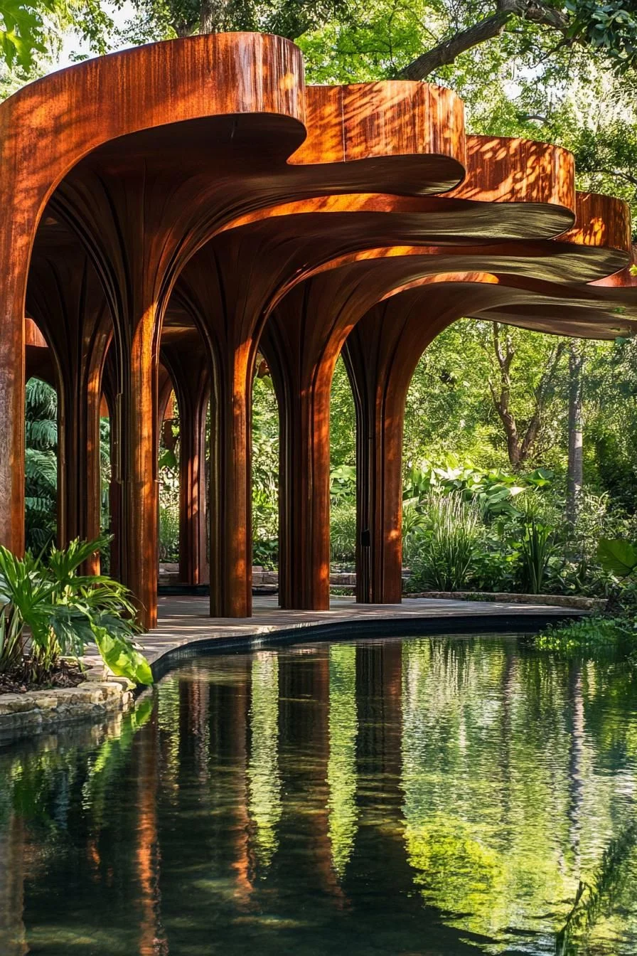 Curved Wooden Canopy Over Water