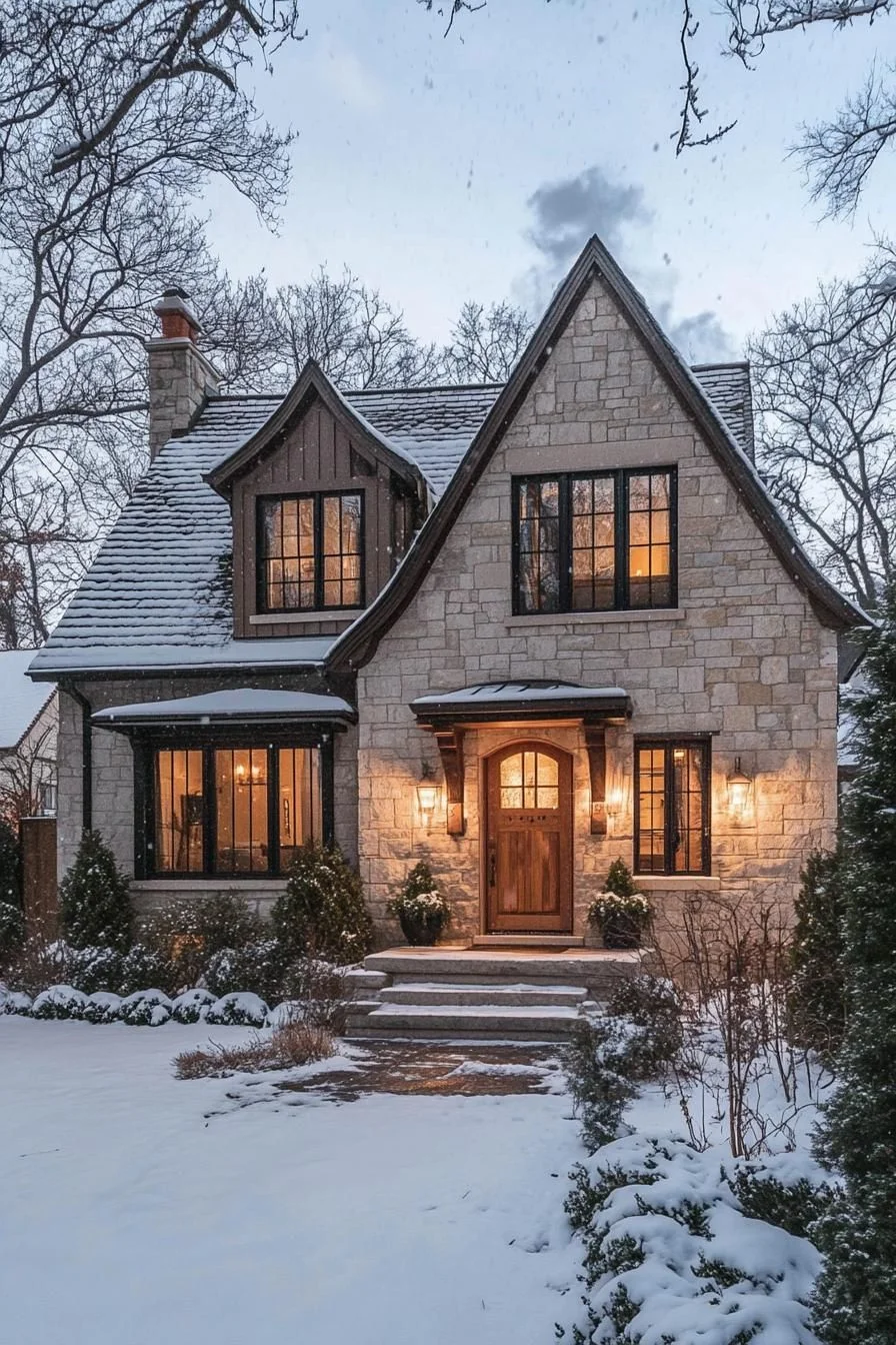 Snowy Stone Cottage with Storybook Look