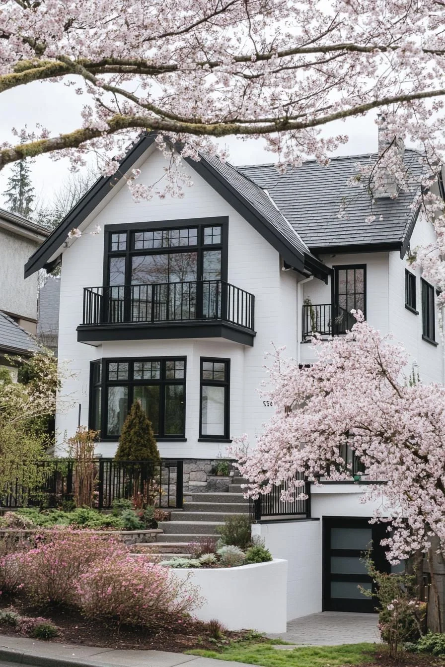 White Home Surrounded by Spring Blossoms