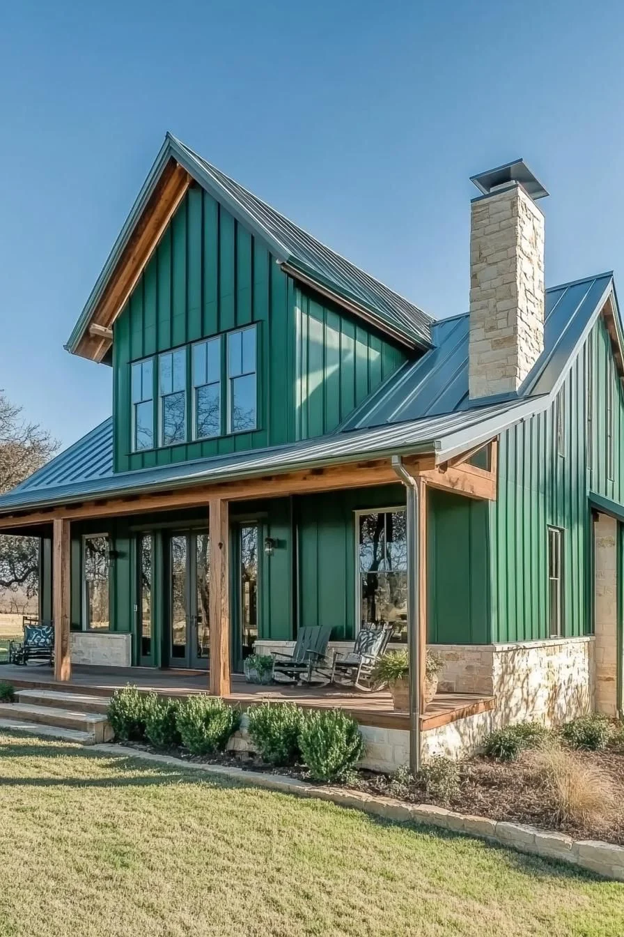 A Green Metal Home With a Stone Base