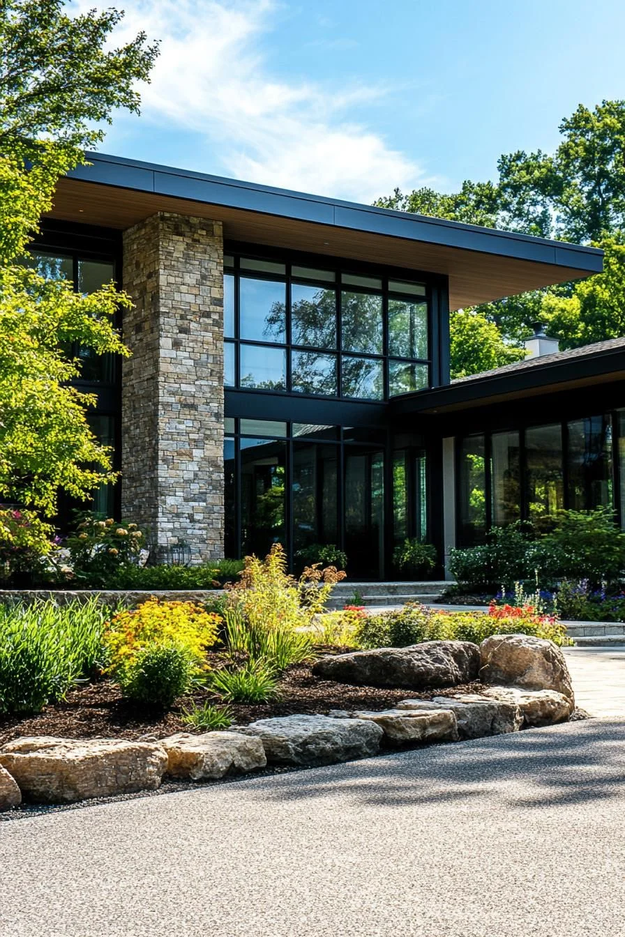 Glass Home Framed by Natural Stone