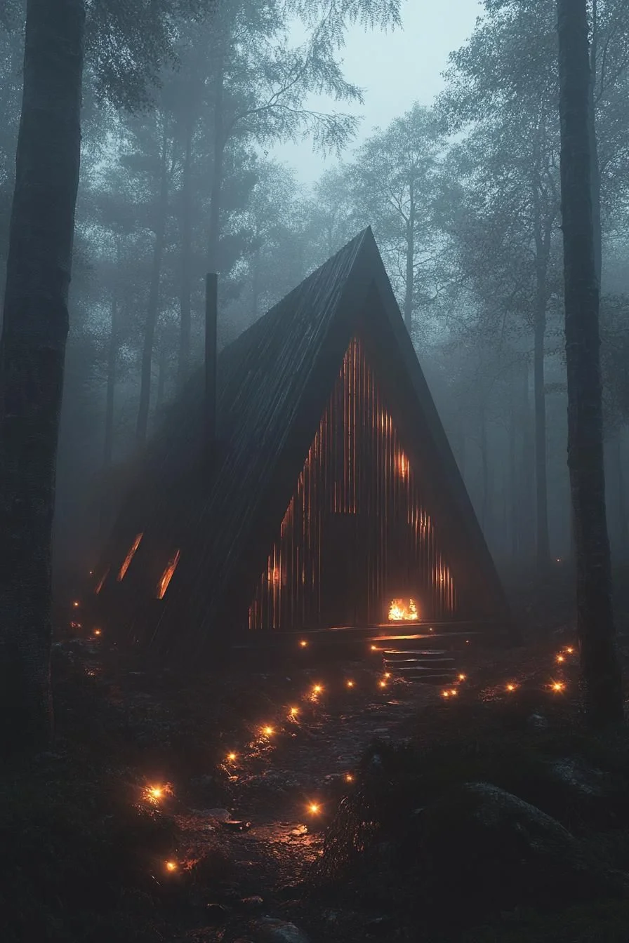 A Firelit A-Frame Cabin at Night
