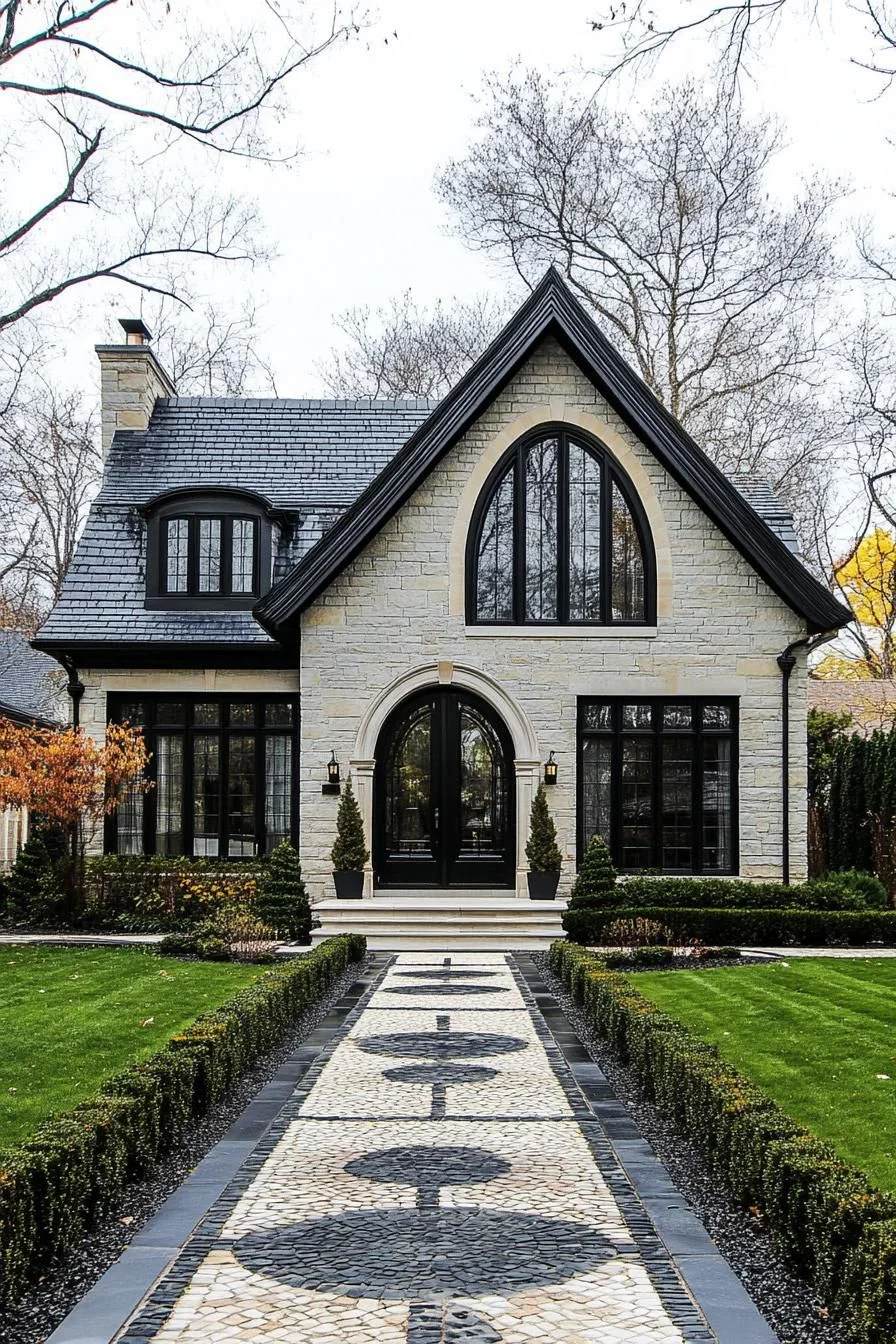 Whimsical Stone Manor with Playful Window Shapes