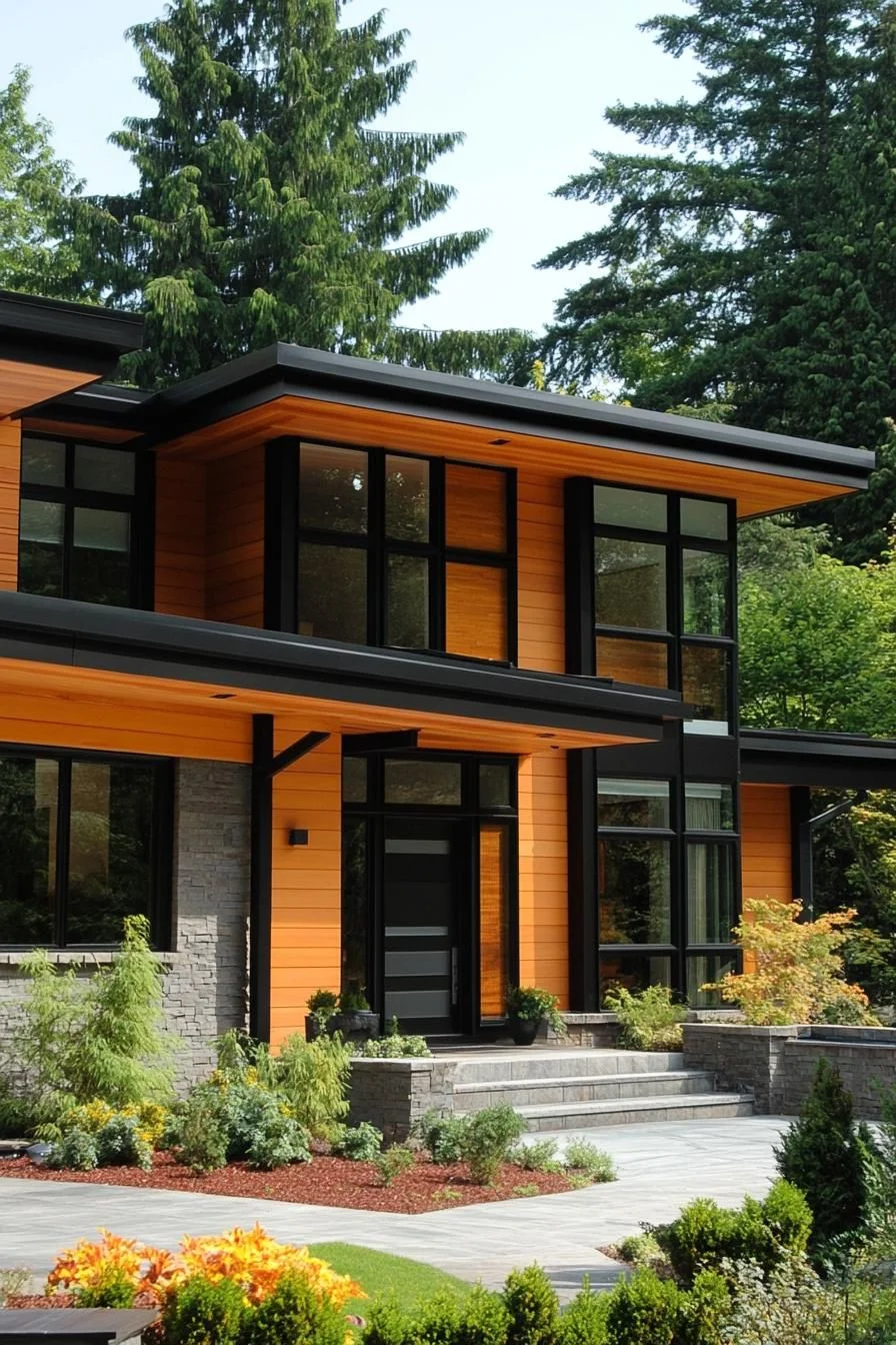 Timber Lodge Facade in a Forest Setting
