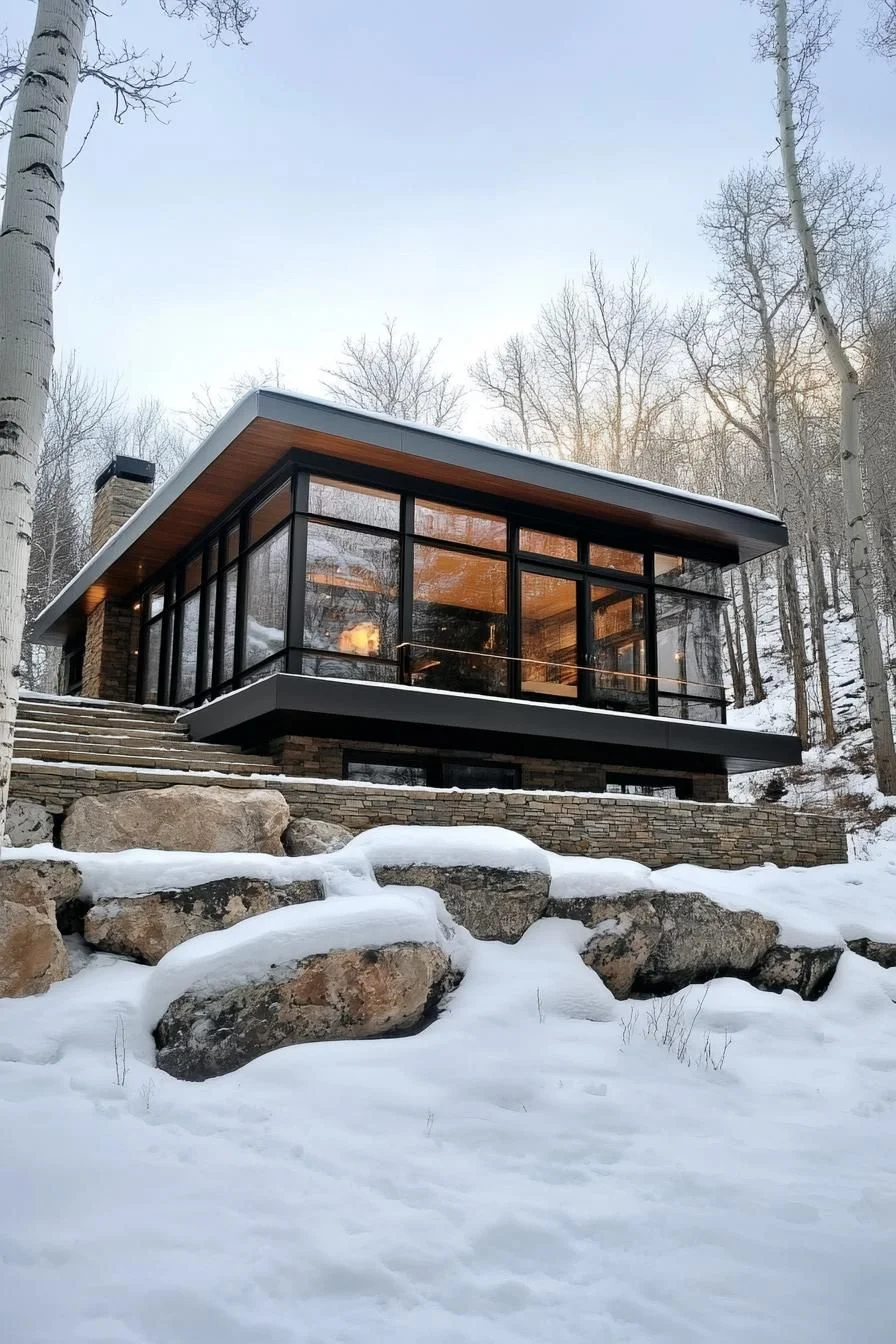 Glass Cabin Perched on a Winter Slope