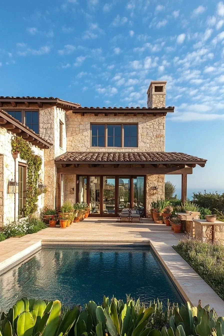 A Sunlit Stone Home with Terracotta Roofing