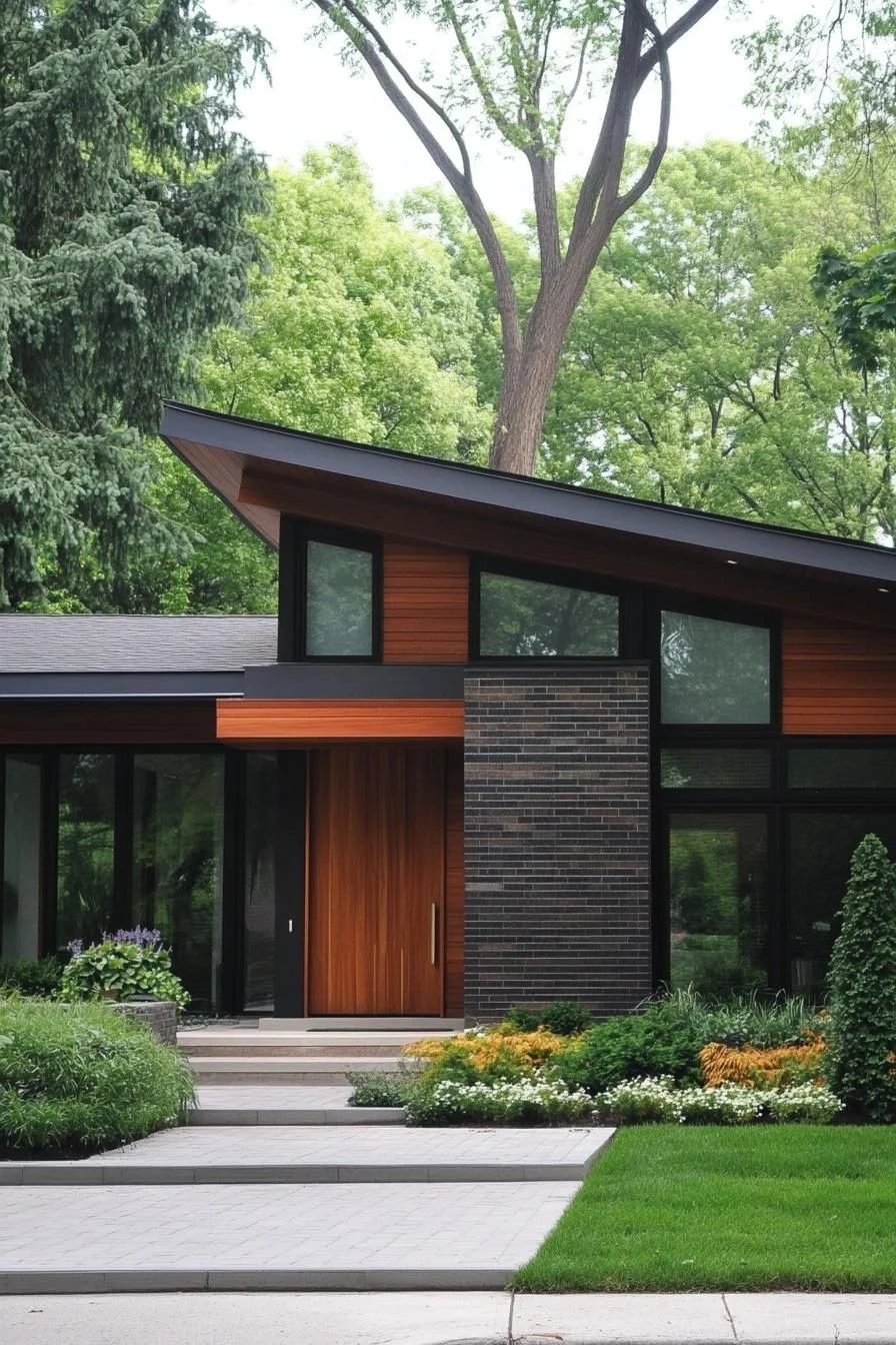 Bold Roof Slants Framed by Leafy Trees