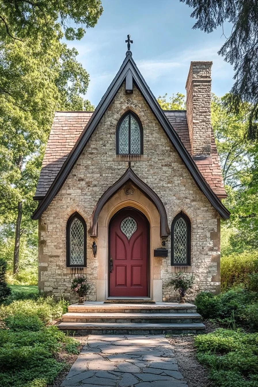 A Stone Cottage With a Red Front Door