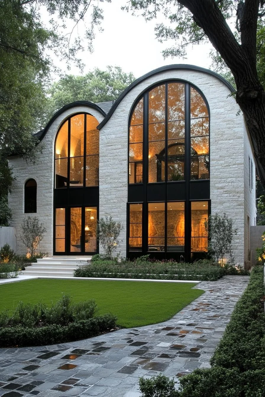Curved Stone Home with a Glowing Presence
