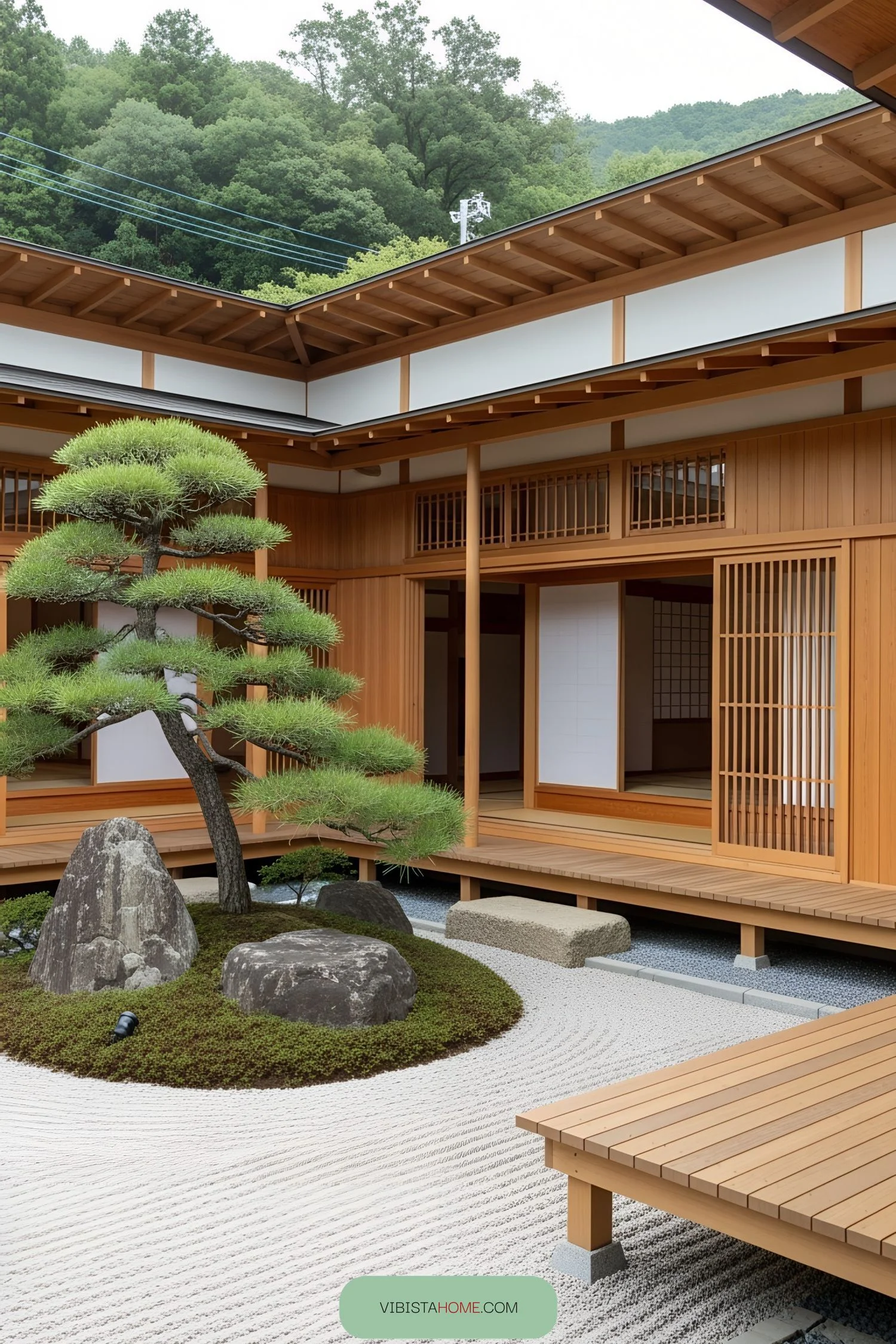 A Calm Zen Retreat Surrounded by Pine Trees