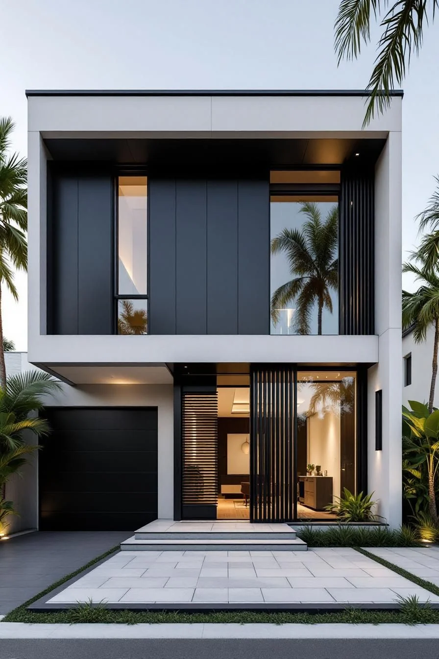 A Black Box Home Framed by Palms