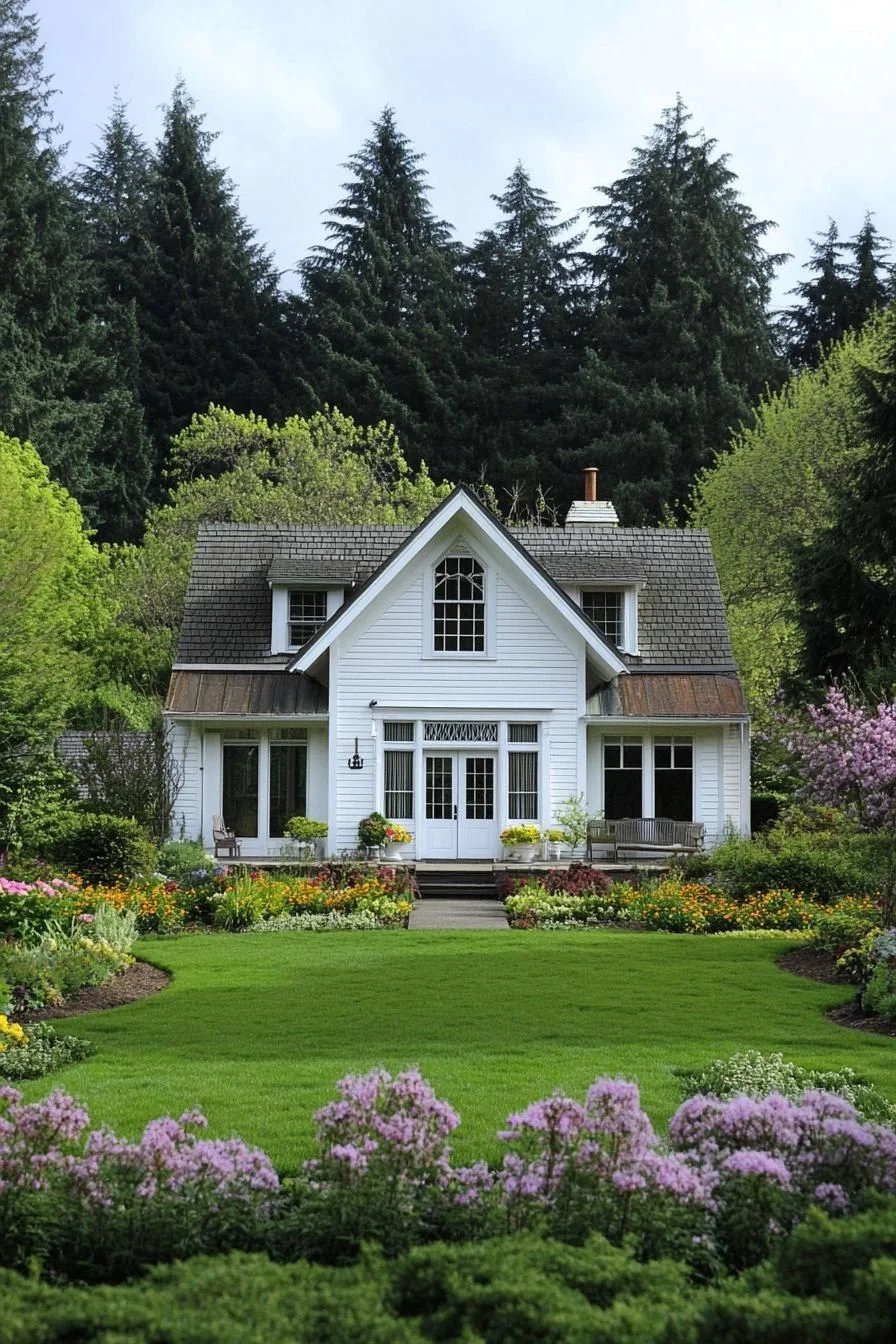 White Cottage Surrounded by Flowers